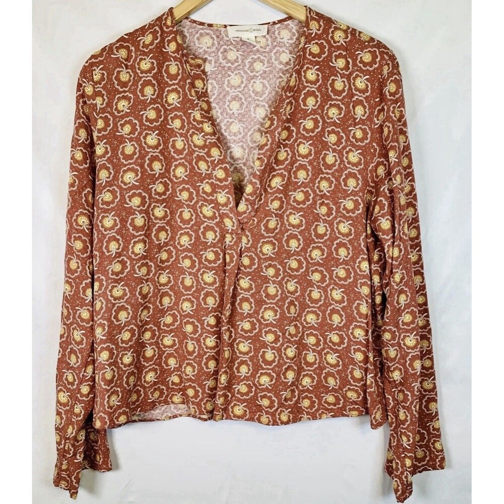 Treasure & Bond Floral Split Neck Rust Pullover Long Sleeve Top Blouse Small - Picture 2 of 8